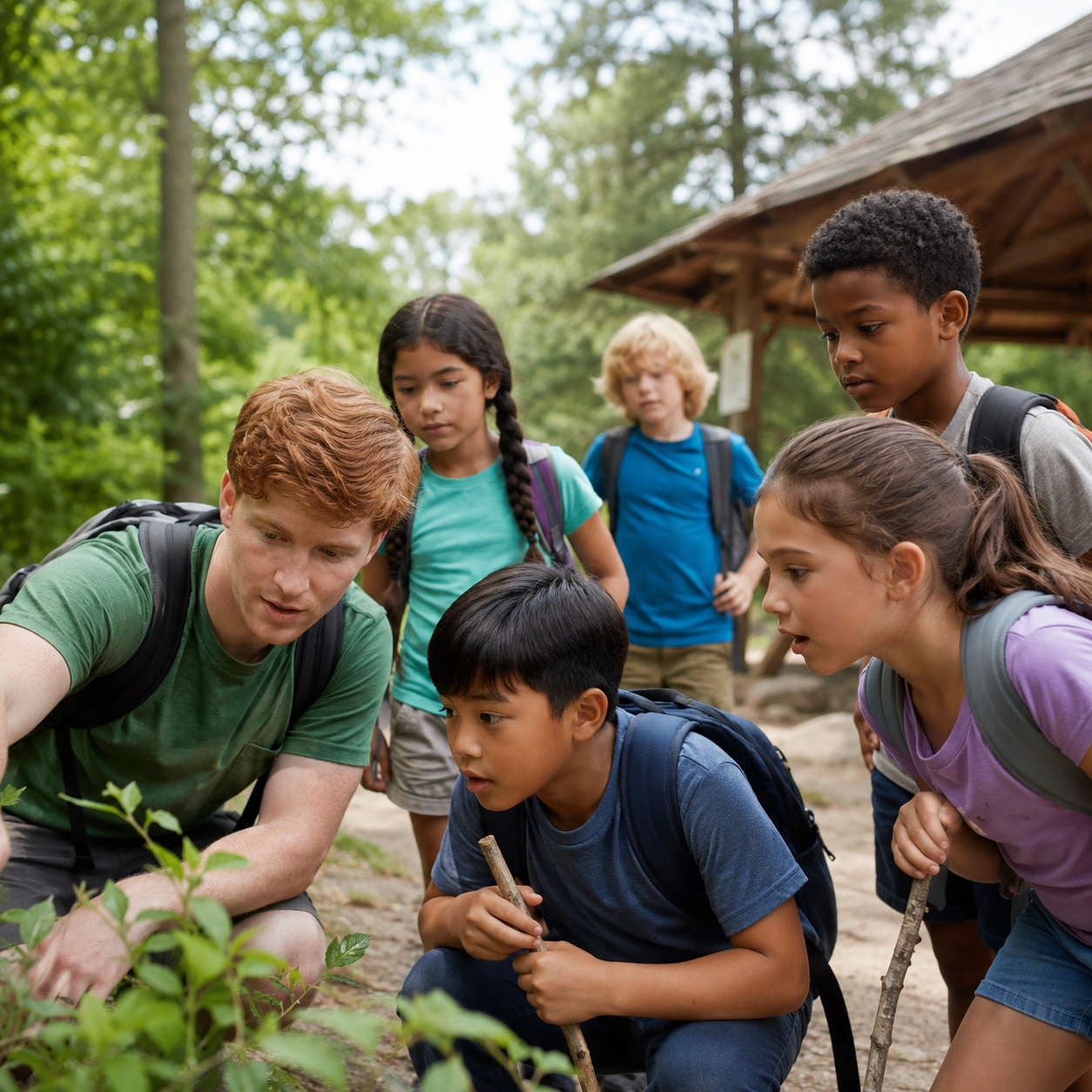 Children playing together outdoors in a wooded recreation setting
